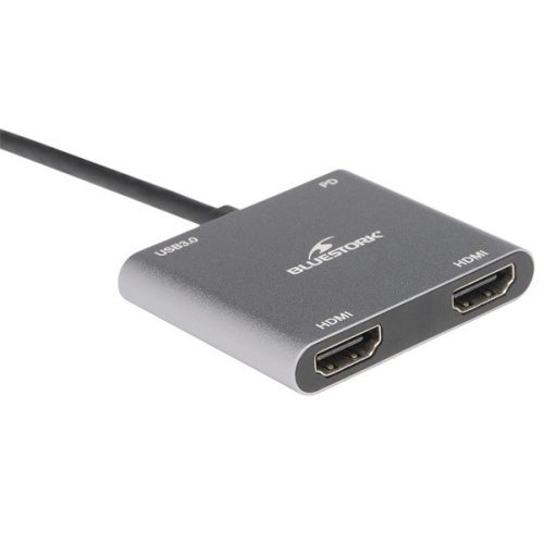 Bluestork usb hub - hub-duo-hdmi (usb3.0, usb-c to 2xhdmi + usb-c, 4k@30hz, grey)