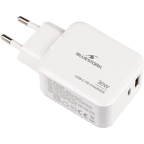 Bluestork telefon töltő - pw-nb-30-c-a/2 (usb-c, usb-a, 30w, fehér)