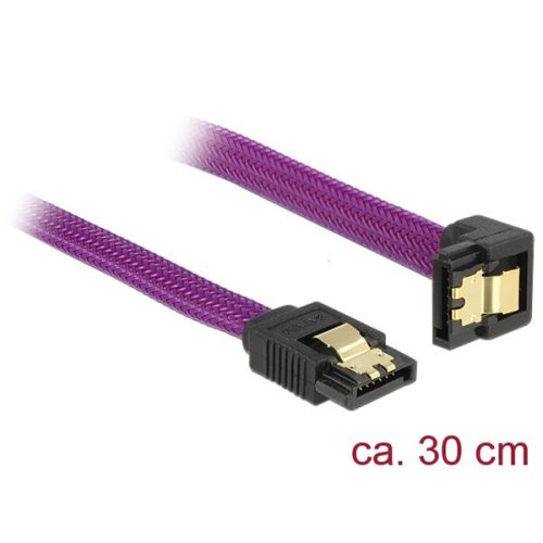 Delock kábel - 83695 (sata3, egyenes/lefelé 90fok, csatl.(fémlappal) max.: 6gb/s, lila, 0.3m)