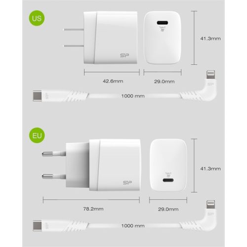 Silicon power telefon töltő - qm10 type-c töltő + lk20cl type-c -lightning kábel (18w töltő, 1m kábel, eu verzió)