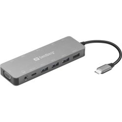   Sandberg notebook dokkoló - usb-c 13-in-1 travel dock (bemenet: usb-c, kimenet: usb-c+3xusb-a+2xhdmi+vga+rj-45+audio)