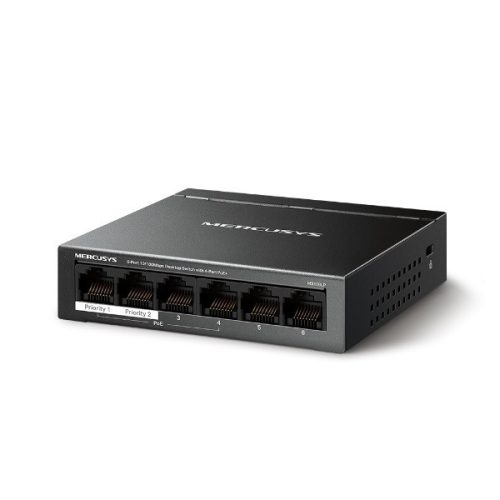 Mercusys switch  poe - ms106lp (6 port 100mbps; 4 af/at poe+ port; 40w; 250m; fém ház)