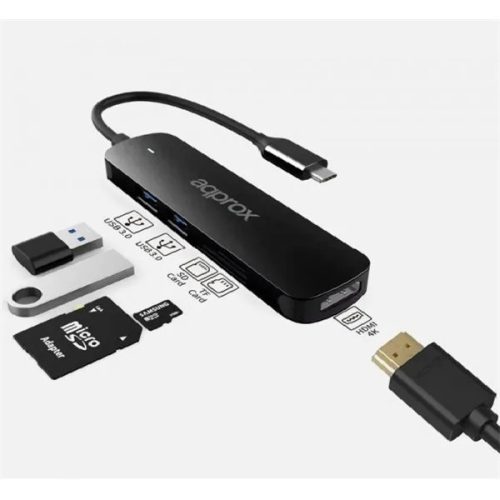 Approx usb hub - type-c 5in1 hub (2db usb3.0, 1db microsd 1db sd card, 1db hdmi 4k30hz) black