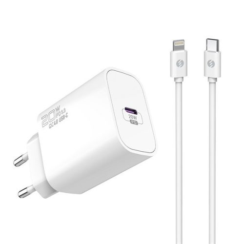 S-link hálózati töltő - sl-ec62pd (20w, qc4.0 gyorstöltés,type-c to lightning, 100cm adat+töltőkábel, fehér)