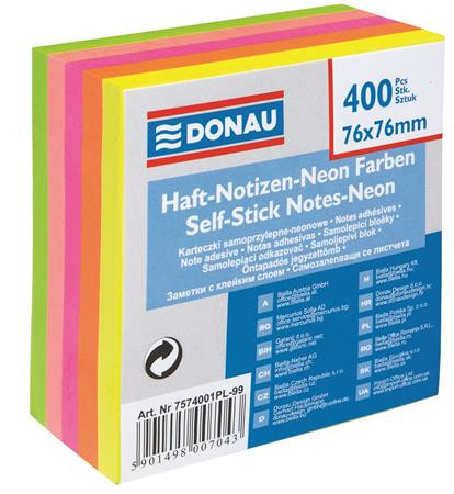 Sticky note pad, 76x76mm, 400 sheets, DONAU, mixed neon colours
