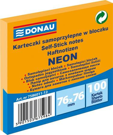 Sticky note pad, 76x76 mm, 100 sheets, DONAU, neon orange