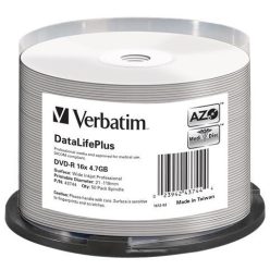   DVD-R lemez, nyomtatható, matt, no-ID, 4,7GB, 16x, 50 db, hengeren, VERBATIM