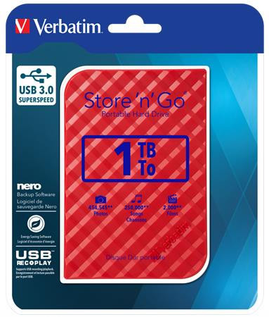 2.5" HDD (hard disk), 1TB, USB 3.0, VERBATIM "Store n Go", red