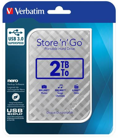 2.5" HDD (hard disk drive), 2TB, USB 3.0, VERBATIM "Store n Go", silver