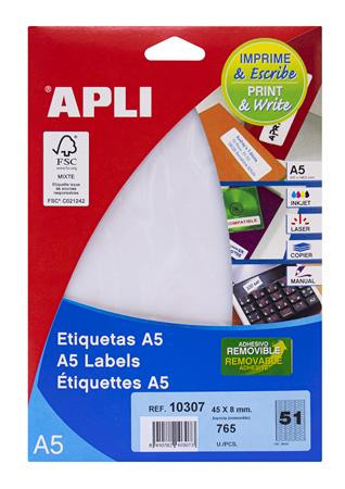 Label, 45x8 mm, removable, for jewellery, A5 carrier, APLI, 765 labels per pack