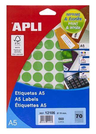 Labels, 19 mm round, colour, A5, APLI, green, 560 labels per pack
