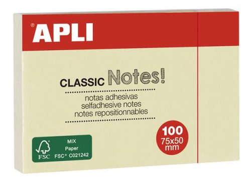 Sticky note pad, 50x75 mm, 100 sheets, APLI "Classic", yellow