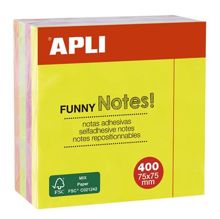 Sticky note pad, 75x75 mm, 400 sheets, APLI "Funny", neon