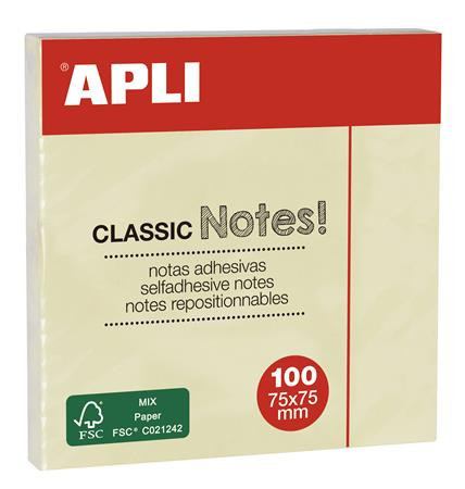Sticky note pad, 75x75 mm, 100 sheets, APLI "Classic", yellow