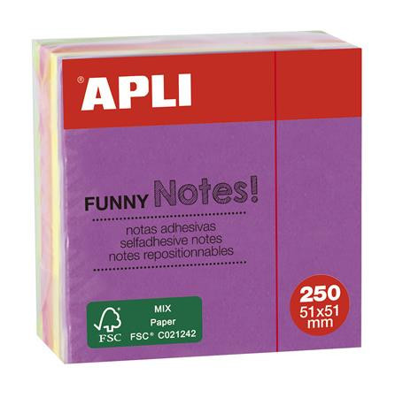 Sticky note pad, 51x51 mm, 250 sheets, APLI "Funny", neon