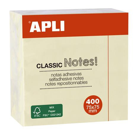 Sticky pad, 75x75 mm, 400 sheets, APLI "Classic", yellow