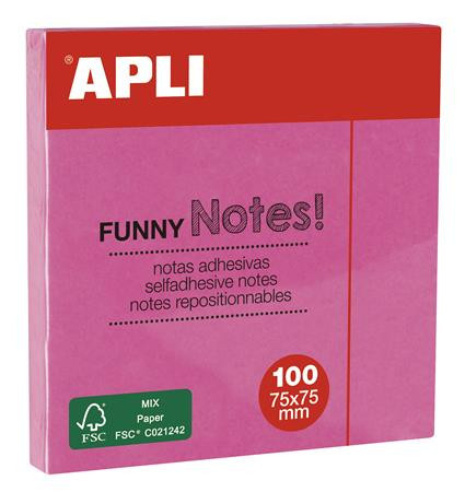 Sticky note pad, 75x75 mm, 100 sheets, APLI "Funny", neon pink