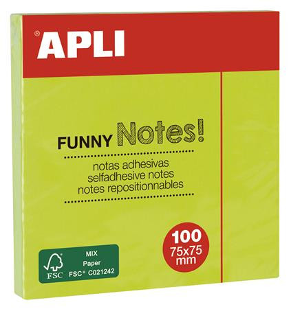 Sticky note pad, 75x75 mm, 100 sheets, APLI "Funny", neon green