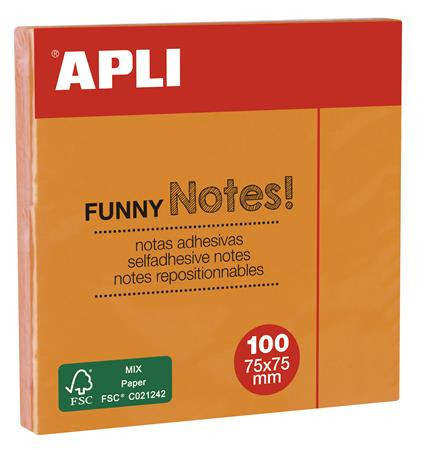 Sticky note pad, 75x75 mm, 100 sheets, APLI "Funny", neon orange