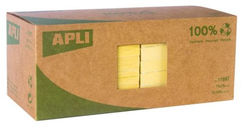 Sticky note pad, 75x75 mm, 100 sheets, recycled, APLI "Classic", yellow