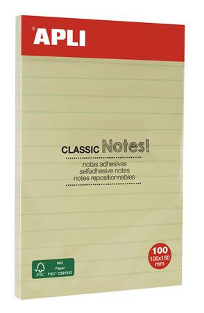 Self-adhesive notepad, lined, 100x150 mm, 100 sheets, APLI "Classic", yellow
