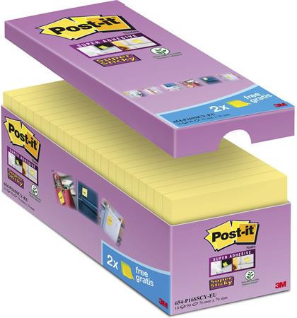Sticky note pad pack, 76x76 mm, 16x90 sheets, 3M POSTIT "Super Sticky", canary yellow