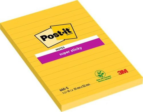 Self-adhesive pad, 102x152 mm, 90 sheets, lined, 3M POSTIT "Super Sticky", yellow