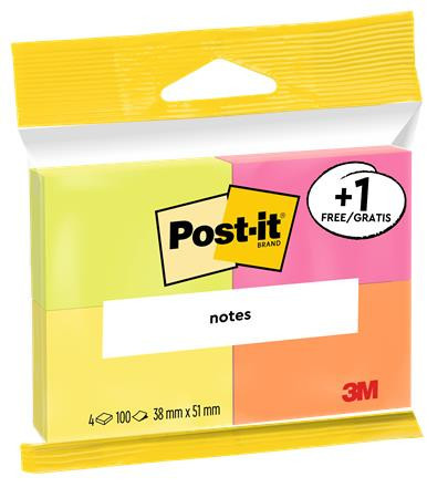 Sticky note pad, 38x51 mm, 4x100 sheets, 3M POSTIT, "Neon"
