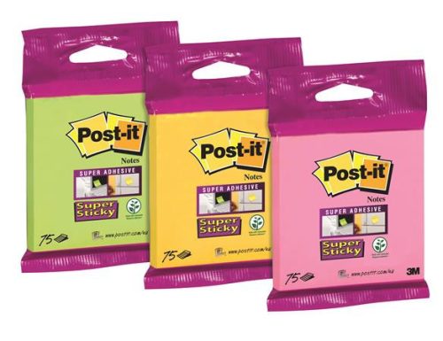 Self-adhesive notepad, 76×76 mm, 75 sheets, 3M POSTIT "Super Sticky", mixed