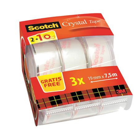 Adhesive tape dispenser, manual, 19 mm x 7,5 m, 3M SCOTCH "Crystal", 2+1 action