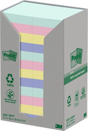 Self-adhesive notepad, 38x51 mm, 24x100 sheets, environmentally friendly, 3M POSTIT "Nature", mixed pastel colours