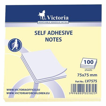 Sticky note pad, 75x75 mm, 100 sheets, VICTORIA OFFICE, yellow