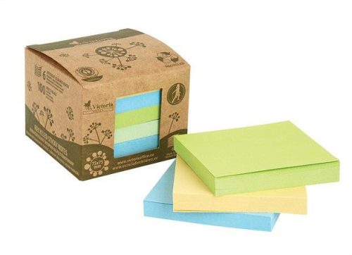 Self-adhesive notepad tower, 75x75 mm, 6x100 sheets, environmentally friendly, VICTORIA OFFICE, "Green", mixed
