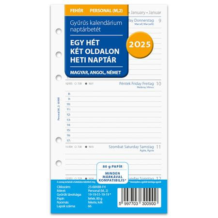 Calendar insert, planner, for Filofax, personal size, weekly, 1 week/2 pages, 2025